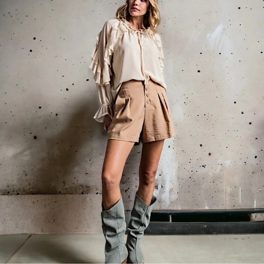 Easel Ruffle Long Sleeve Top. Color: Cream - Picture 2 of 5